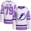 Adidas Tampa Bay Lightning Youth Ross Colton Authentic White/Purple Hockey Fights Cancer Primegreen NHL Jersey