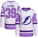 Adidas Tampa Bay Lightning Men's Enrico Ciccone Authentic White/Purple Hockey Fights Cancer Primegreen NHL Jersey