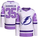 Adidas Tampa Bay Lightning Men's Nikolai Khabibulin Authentic White/Purple Hockey Fights Cancer Primegreen NHL Jersey