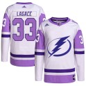 Adidas Tampa Bay Lightning Men's Maxime Lagace Authentic White/Purple Hockey Fights Cancer Primegreen NHL Jersey