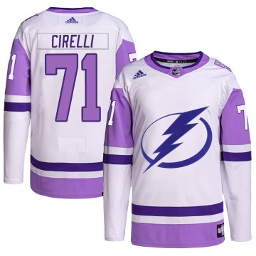 Adidas Tampa Bay Lightning Youth Anthony Cirelli Authentic White/Purple Hockey Fights Cancer Primegreen NHL Jersey