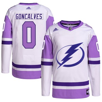 Adidas Tampa Bay Lightning Youth Gage Goncalves Authentic White/Purple Hockey Fights Cancer Primegreen NHL Jersey