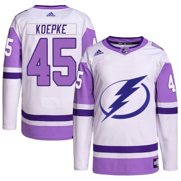 Adidas Tampa Bay Lightning Youth Cole Koepke Authentic White/Purple Hockey Fights Cancer Primegreen NHL Jersey