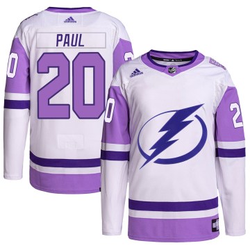 Adidas Tampa Bay Lightning Youth Nicholas Paul Authentic White/Purple Hockey Fights Cancer Primegreen NHL Jersey