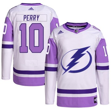 Adidas Tampa Bay Lightning Youth Corey Perry Authentic White/Purple Hockey Fights Cancer Primegreen NHL Jersey