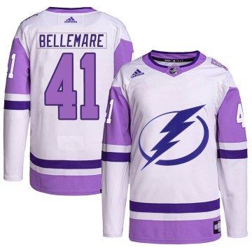 Adidas Tampa Bay Lightning Men's Pierre-Edouard Bellemare Authentic White/Purple Hockey Fights Cancer Primegreen NHL Jersey