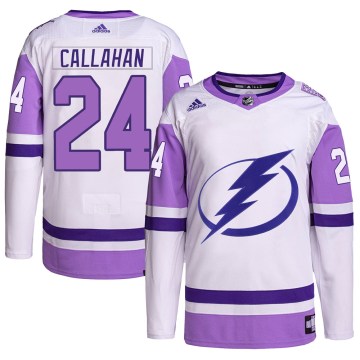 Adidas Tampa Bay Lightning Men's Ryan Callahan Authentic White/Purple Hockey Fights Cancer Primegreen NHL Jersey
