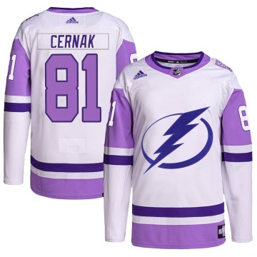 Adidas Tampa Bay Lightning Men's Erik Cernak Authentic White/Purple Hockey Fights Cancer Primegreen NHL Jersey