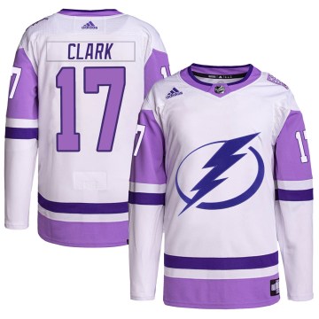 Adidas Tampa Bay Lightning Men's Wendel Clark Authentic White/Purple Hockey Fights Cancer Primegreen NHL Jersey