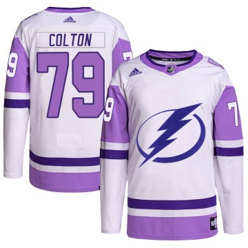 Adidas Tampa Bay Lightning Men's Ross Colton Authentic White/Purple Hockey Fights Cancer Primegreen NHL Jersey