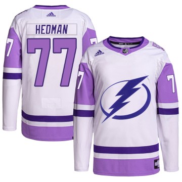 Adidas Tampa Bay Lightning Men's Victor Hedman Authentic White/Purple Hockey Fights Cancer Primegreen NHL Jersey