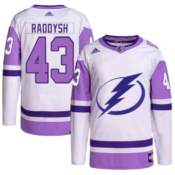 Adidas Tampa Bay Lightning Men's Darren Raddysh Authentic White/Purple Hockey Fights Cancer Primegreen NHL Jersey