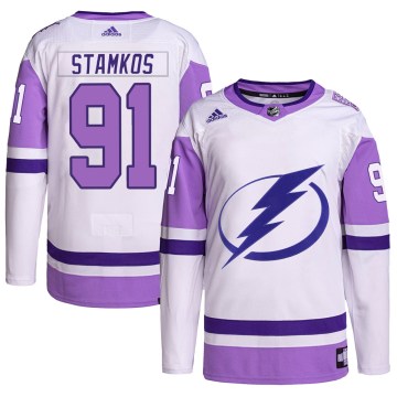 Adidas Tampa Bay Lightning Men's Steven Stamkos Authentic White/Purple Hockey Fights Cancer Primegreen NHL Jersey